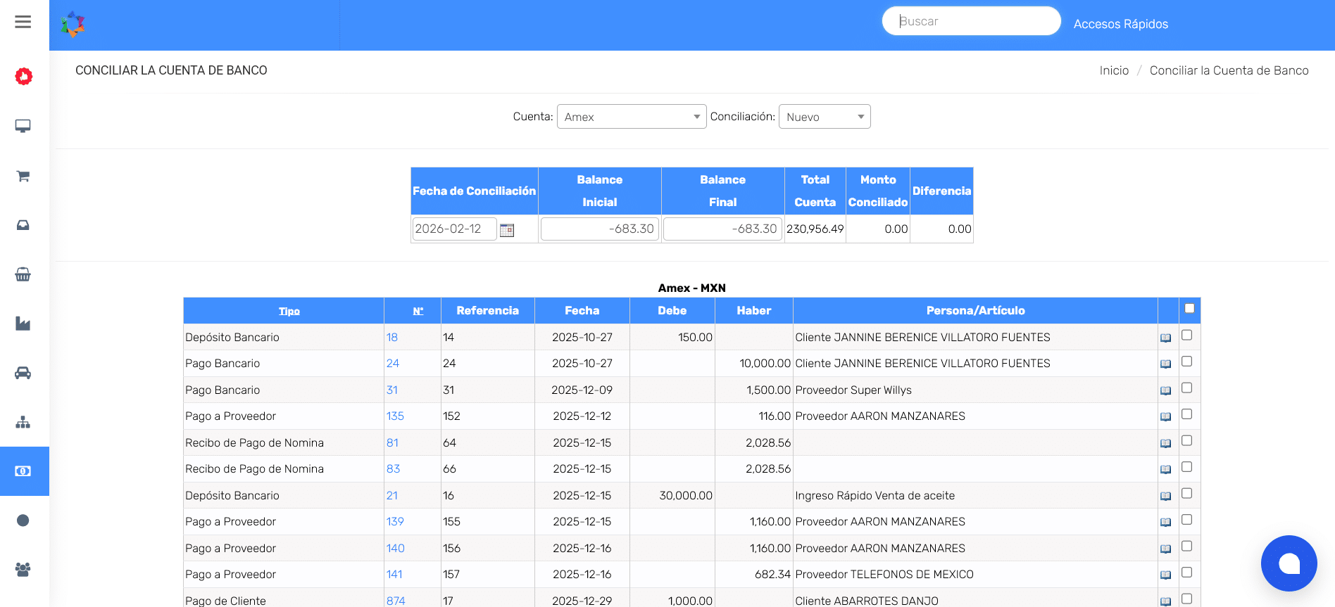 OPERAM Mod Bancos - Conciliar Cuenta de Banco Pantalla