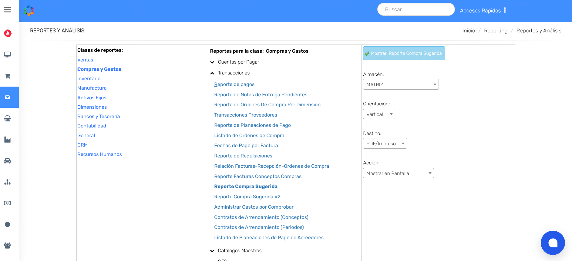 OPERAM Mod Compras y Gastos- Reporte de Compra Sugerida Pantalla