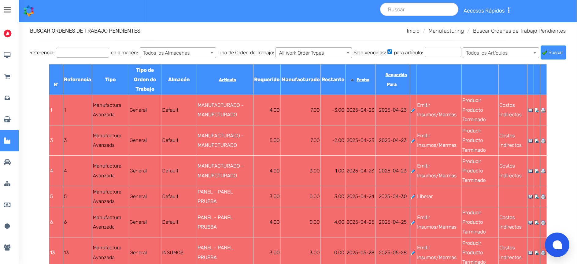 OPERAM Mod Manufactura- Buscar Ordenes de Trabajo Pantalla